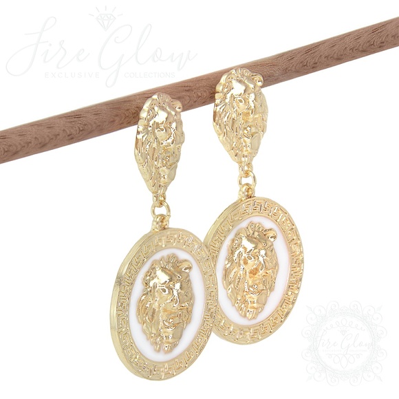 White and Gold Tone Framed Lion Earrings - Picture 6 of 8